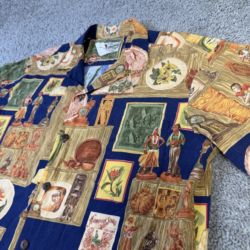 Hilo Hattie Shirt Mens L Blue Hawaiian Songs Rayon Short Sleeve Button Up VTG